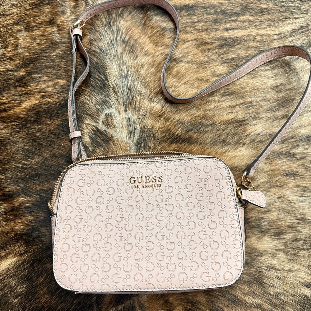 Guess Logo Patterned Crossbody Bag in Beige